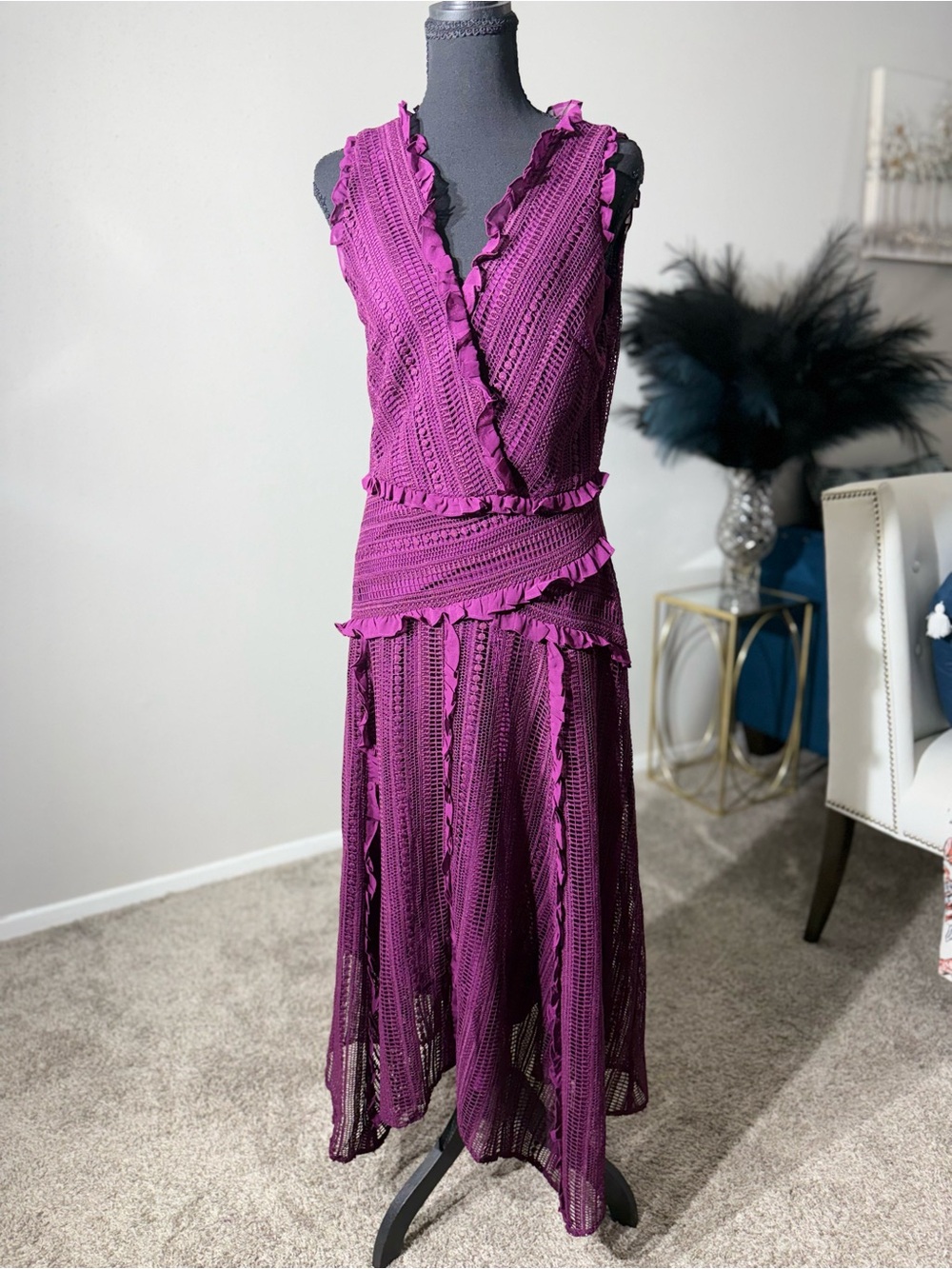 Sundance Boho Purple Crochet Lace Ruffle Midi Dress⁠  size Small - Picture 2 of 9